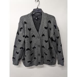 Aqua Womens Cardigan Sweater Wool Blend Grey/Black Heart Button-Up Size Medium